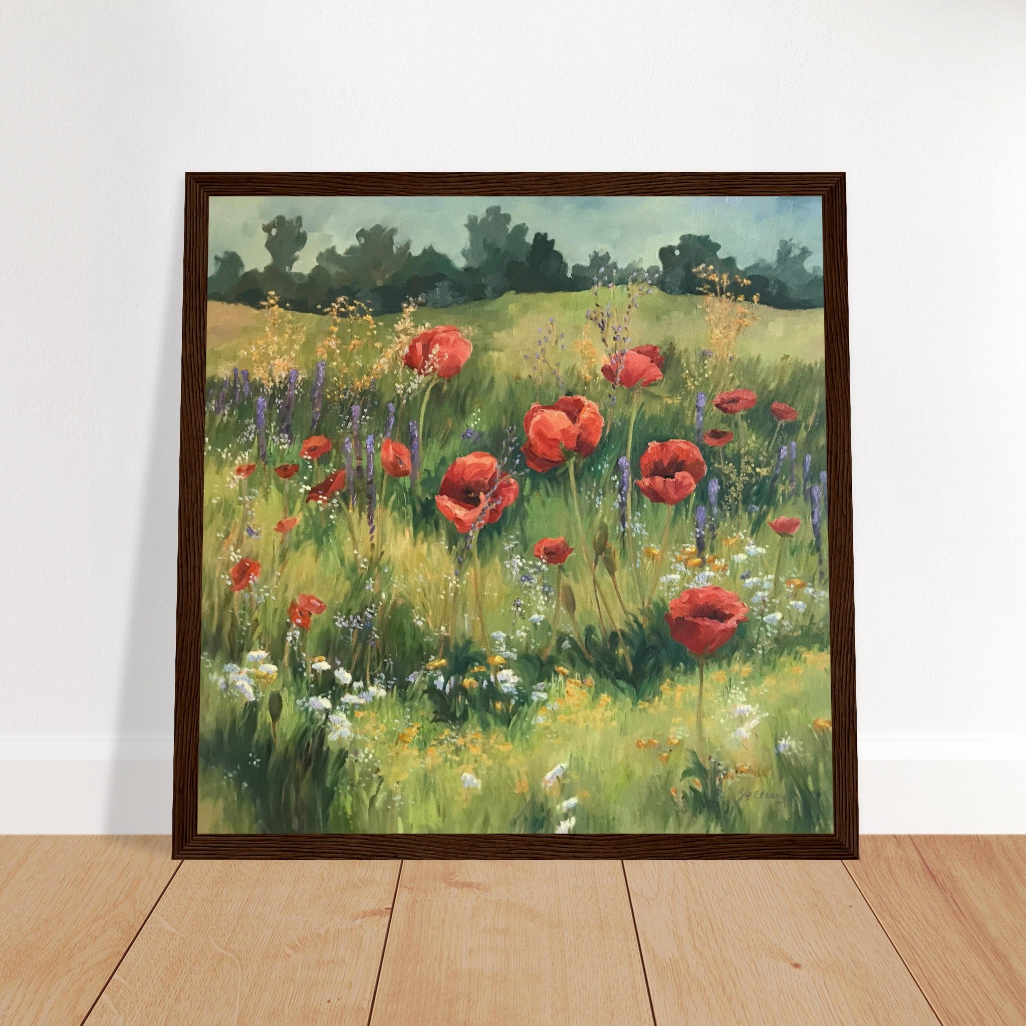 'Field of Red Poppies' Floral I 12x12 inch Wooden Framed Art Print I Original Artwork by American Artist Barbara Cleary - Rosetta Creative Boutique
